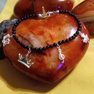 NWT-BLACK SPINEL BRACELET 7.25"L/ 4 STERLING CHARM